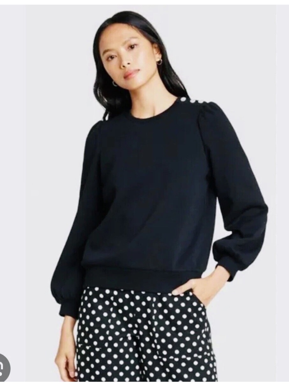 J. Crew Black Puff-Sleeve Sweatshirt with Decorative Shoulder Buttons